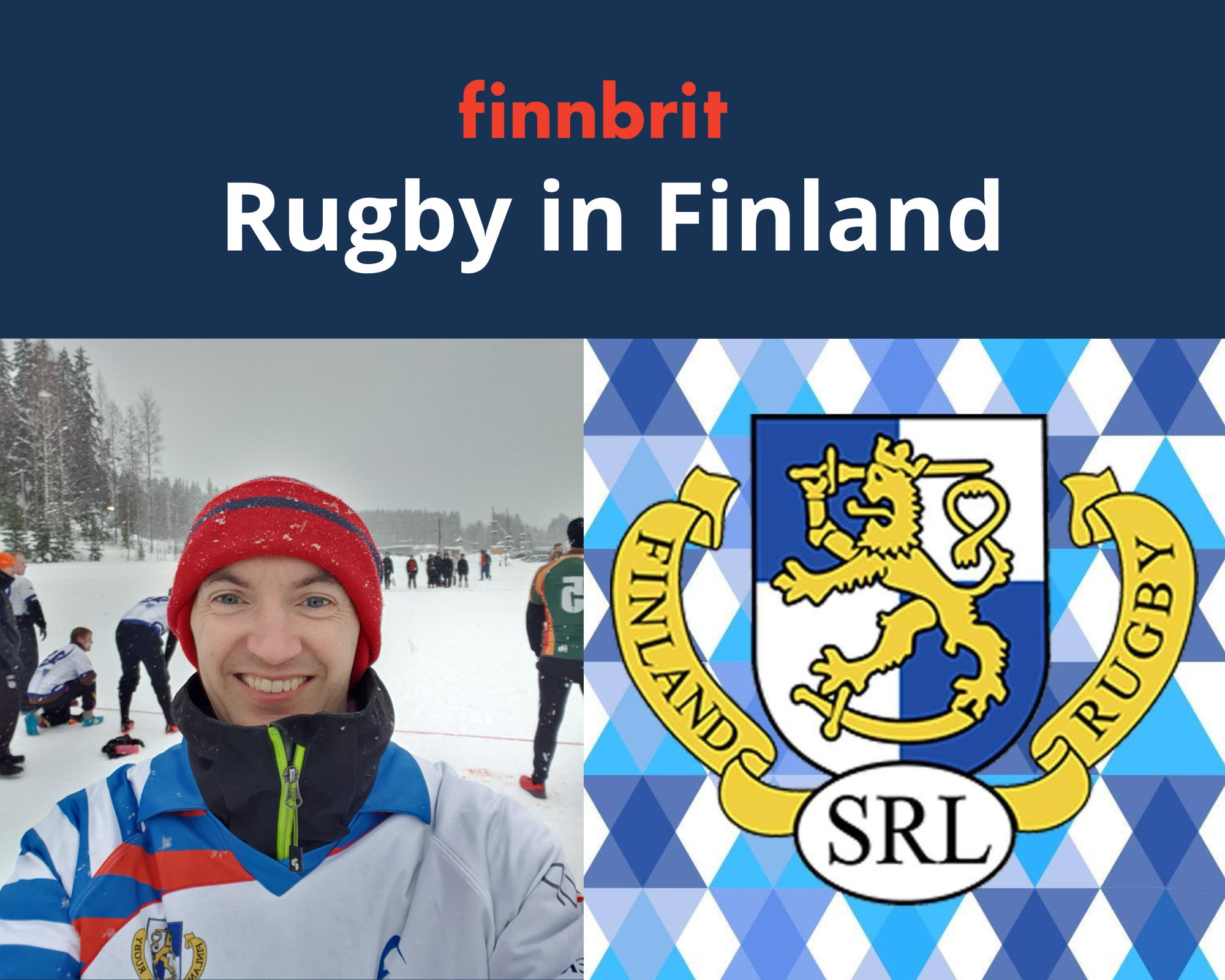A photo of George Mossford who is a rugby referee in Finland and the Finland Rugby logo